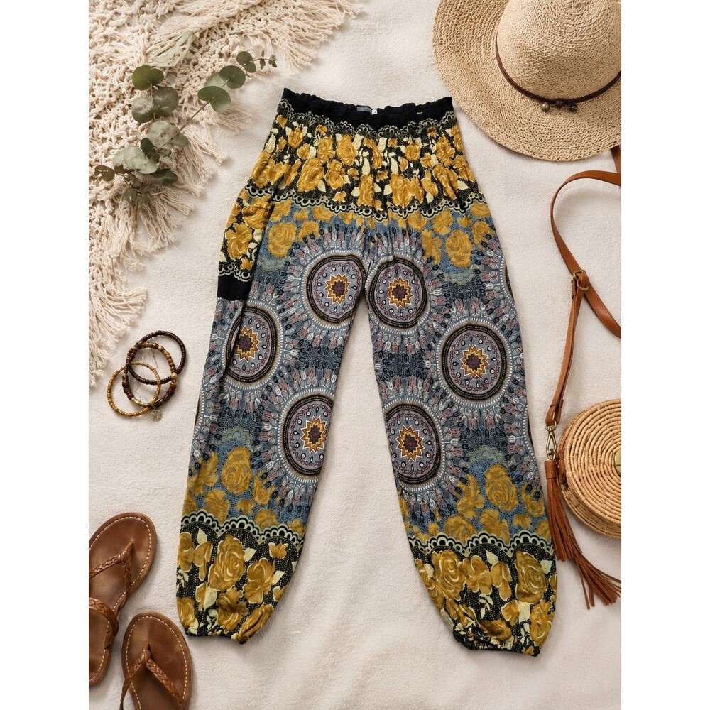 Earthbound Mandela Boho Harem Festival Smocked Pants Size Medium 32x26